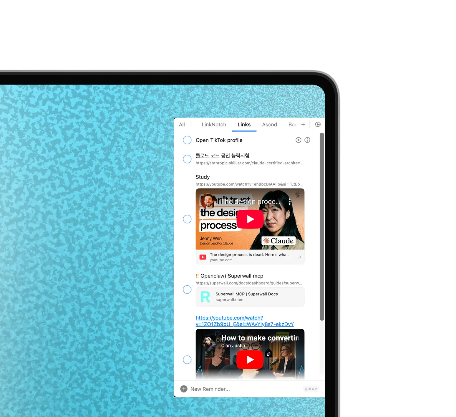 YouTube video playing inline inside a Side Reminder card