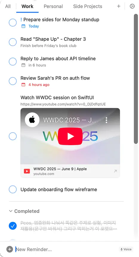 Side Reminder panel showing a list of reminders on screen edge
